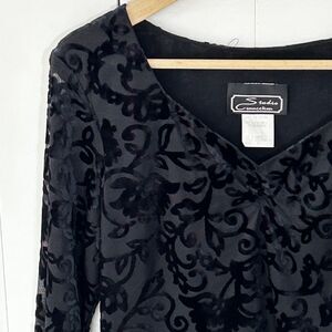 NOS Vintage Velvet Burnout Top Size 12 Black V-Neck Sheer Sleeve Fairy Goth New